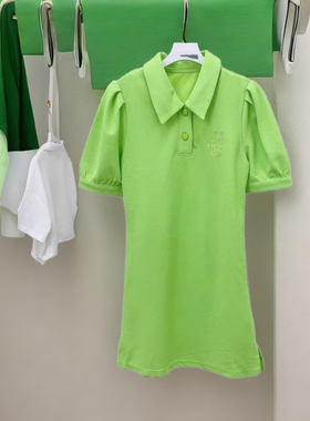 文mo微瑕新品甜辣风polo领绿色连衣裙女夏小个子收腰显瘦包臀小众