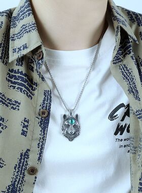 钛钢项链头狼天眼朋克个性吊坠