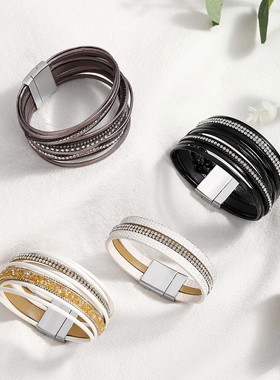 欧美跨境镶钻手镯皮革彩色闪钻时尚百搭外贸款烫钻简约手链