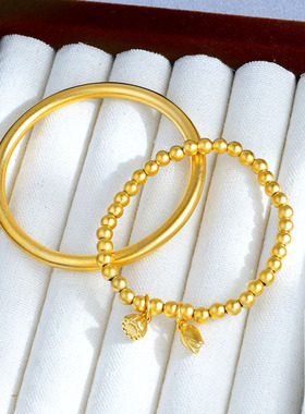 国潮风古法传承磨砂面素圈手镯莲蓬两世欢手链复古实心手环