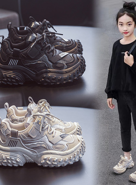 女童运动鞋2025新款春秋款防水加绒中大童跑步休闲儿童学生老爹鞋