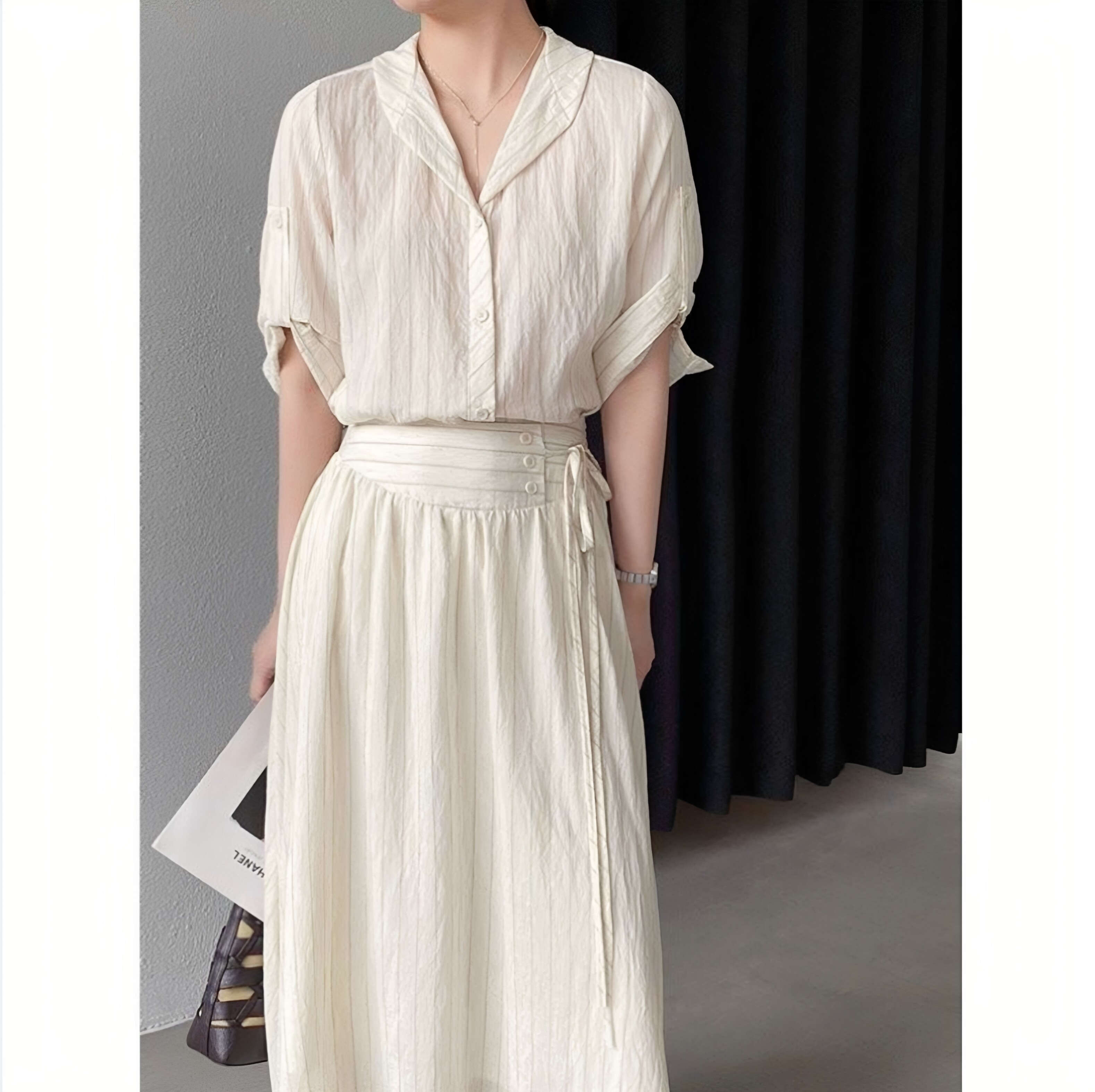 2026夏季新韩系老钱风亚麻显瘦两件套条纹显瘦套装女 通勤高级感