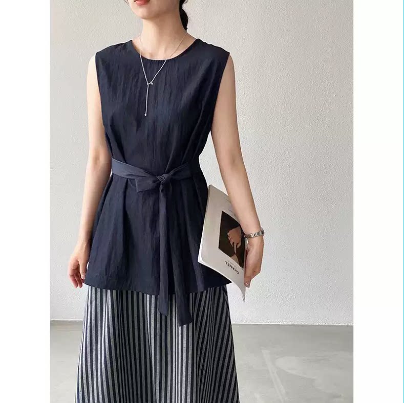 藏青色休闲气质套装女夏无袖收腰上衣+条纹半身裙两件套