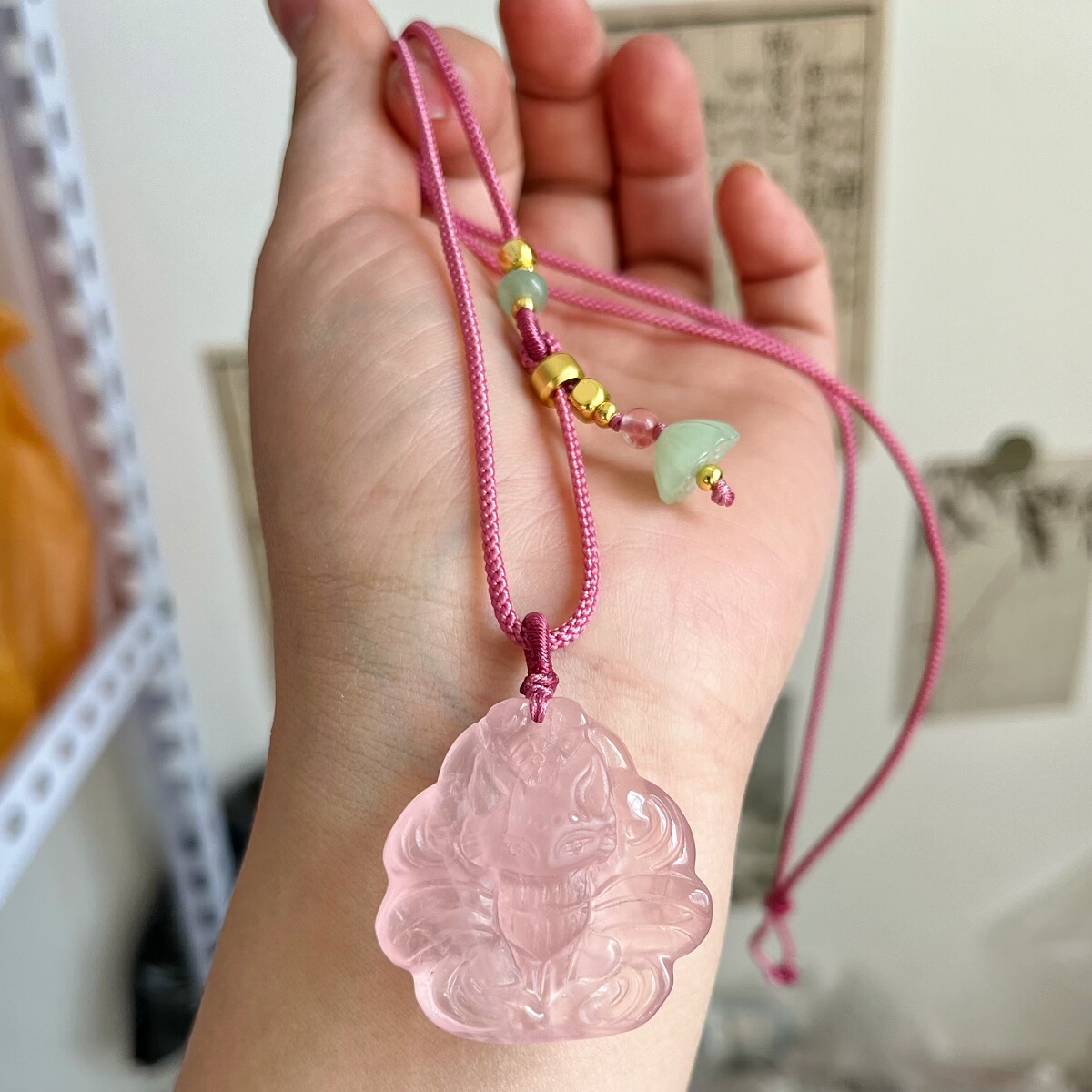 天然粉水晶九尾狐狸吊坠粉嫩可爱美人狐水晶项链狐牌百搭中式桃花