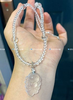 天然白水晶狐狸吊坠奶白晶九尾狐项链狐牌挂坠锁骨链短款调节女