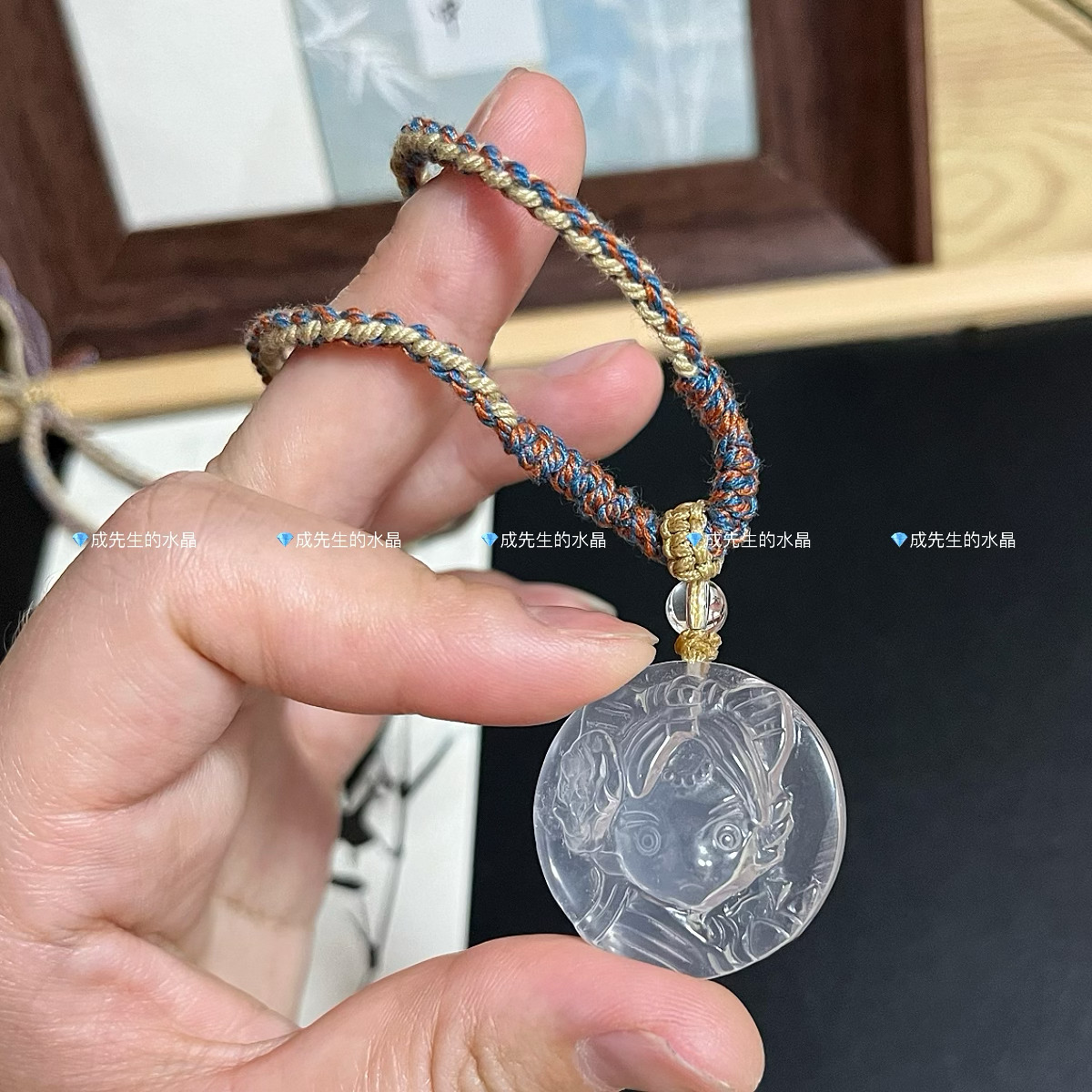 天然白水晶女孩吊坠美少女水晶项链中式复古民族风锁骨链手工棉绳
