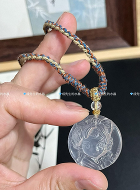 天然白水晶女孩吊坠美少女水晶项链中式复古民族风锁骨链手工棉绳