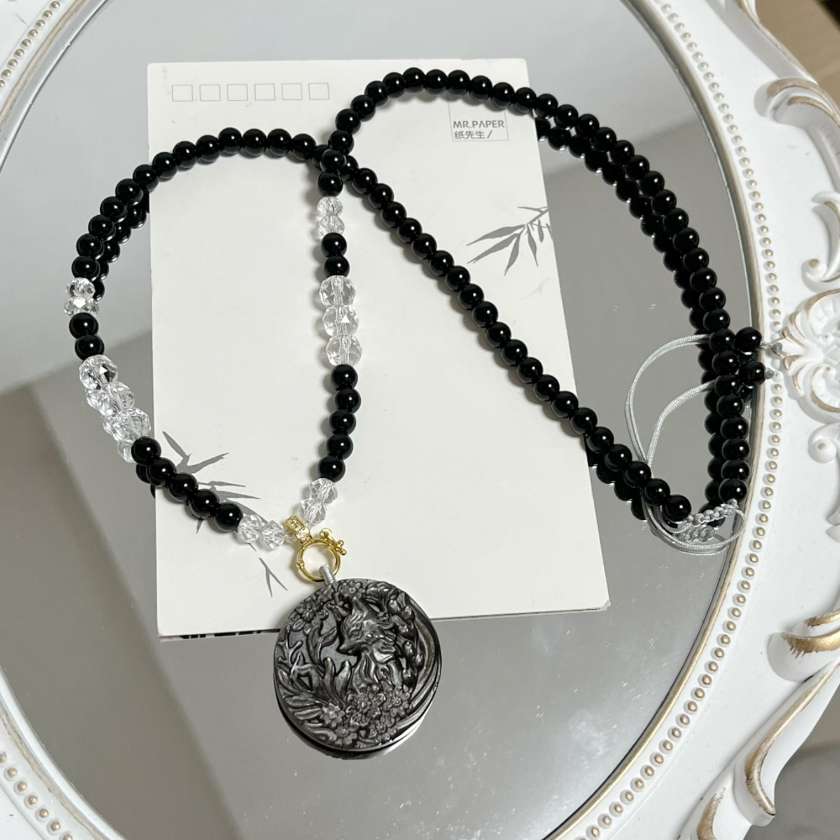 天然银曜石九尾狐吊坠黑曜石狐狸项链狐牌锁骨链女全珠链挂坠圆牌