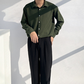 丝滑复古轻熟港风免烫抗皱宽松春秋男长袖 高级垂感墨绿色 条纹衬衫