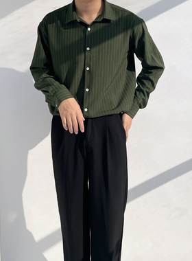 丝滑复古轻熟港风免烫抗皱宽松春秋男长袖条纹衬衫高级垂感墨绿色