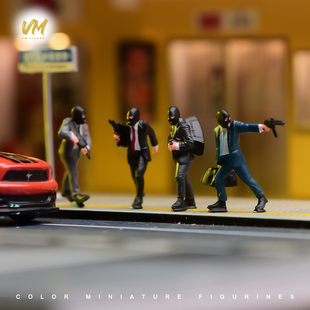 现货1/64 劫匪四人套装 微缩场景微拍摄影车模型手工涂装小人偶