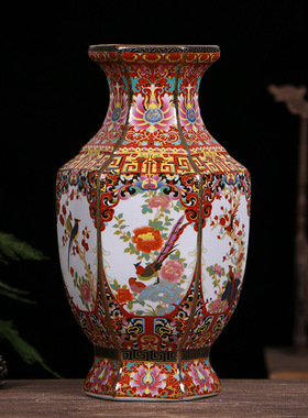 景德镇陶瓷花瓶仿古中式瓷器装饰品摆件工艺品琅彩锦鸡六方瓶