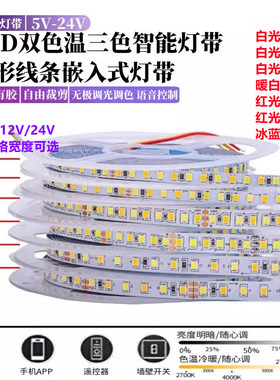 LED2835双色温灯带12v三色变光5mm窄版24伏自粘CCT灯条5050二合一