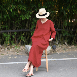 有间出品棉麻文艺风女装 中国红色织亚麻连衣裙V领显瘦袍子 夏大码