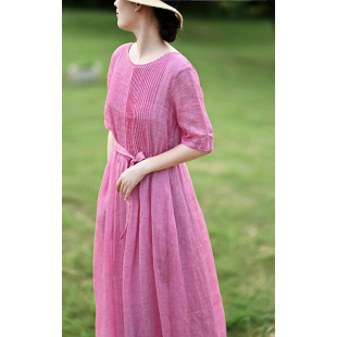 有间出品2025新款 春夏休闲度假旅游气质长裙 苎麻玫红色连衣裙长款