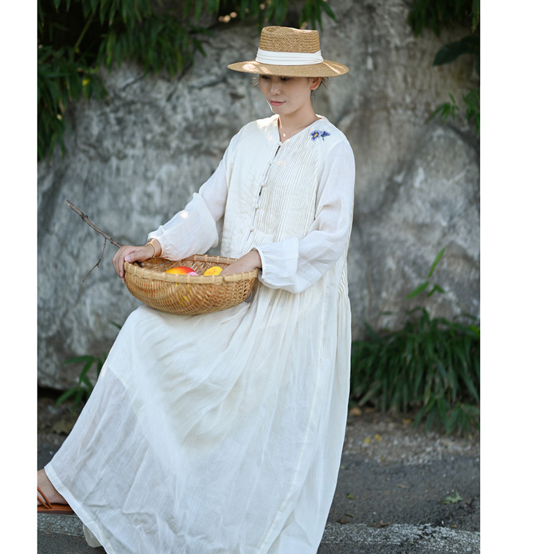 有间出品文艺休闲宽松长袖连衣裙手工绣酵素洗苎麻风琴褶皱长裙