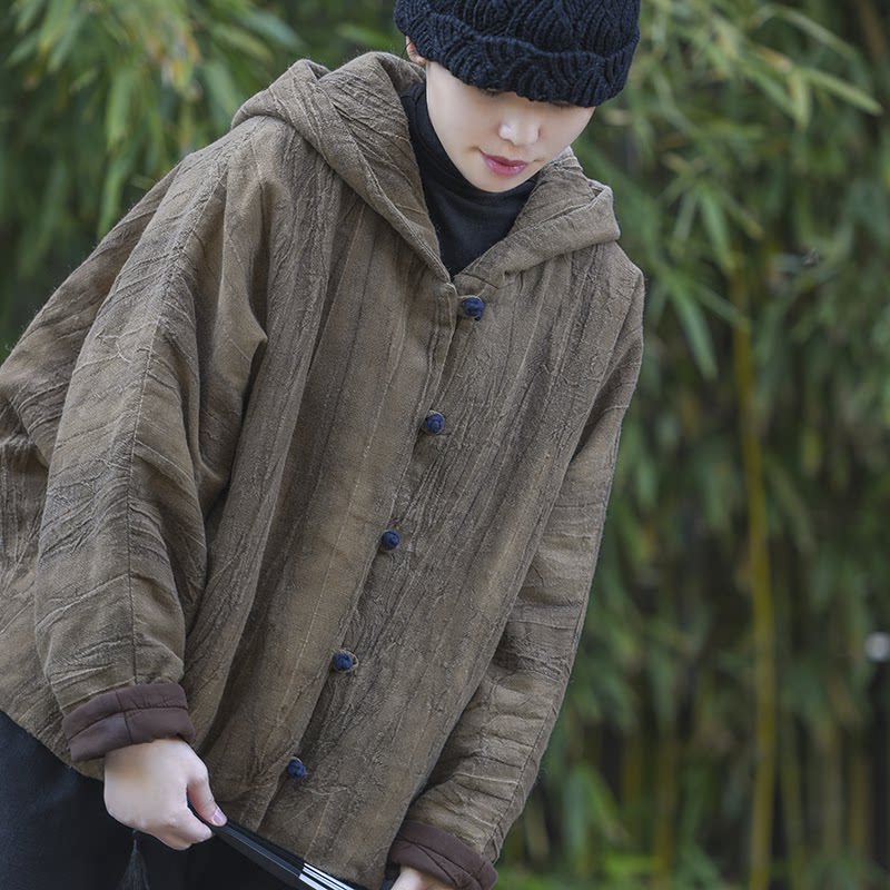 棉麻夹棉外套女冬扎染做旧短款连帽国风棉袄中式复古盘扣加厚棉衣