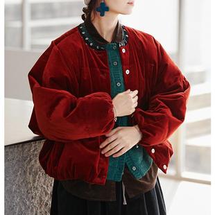 有间冬季新款文艺复古原创女装简约棉氨纶圆领保暖平绒南瓜羽绒服