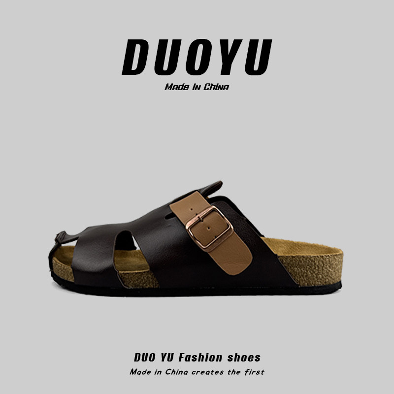 外贸男鞋夏季外穿防滑包头勃肯凉拖鞋皮面高级感复古软木沙滩凉鞋