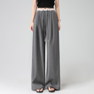 新款 裤 高腰阔腿裤 西装 女灰色宽松直筒抽绳拼接垂感休闲裤 2026春季