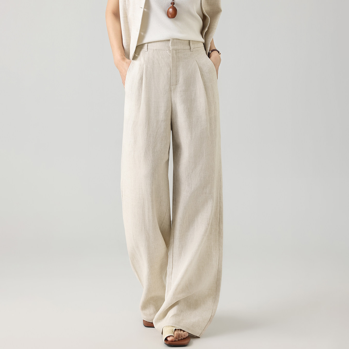 100%亚麻阔腿裤女夏季薄款老钱风休闲裤高腰宽松显瘦直筒棉麻长裤