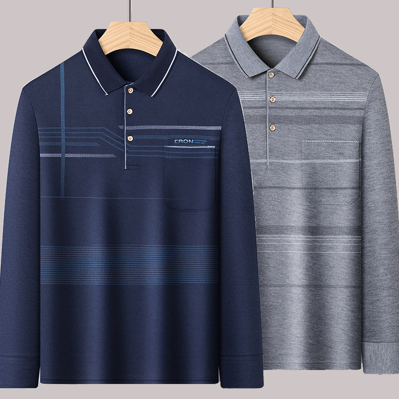 中年男纯棉长袖t恤爸爸装宽松口袋体恤中老年薄款翻领打底衫老人t