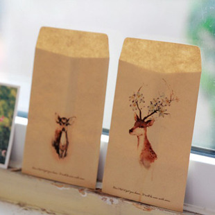 森系复古风彩绘小鹿麋鹿圣诞牛皮纸明信片收纳信封邀请函信封信纸