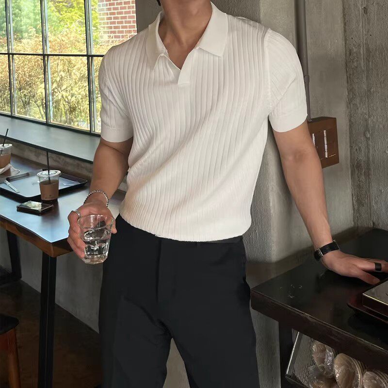 夏季条纹短袖男翻领针织Polo衫