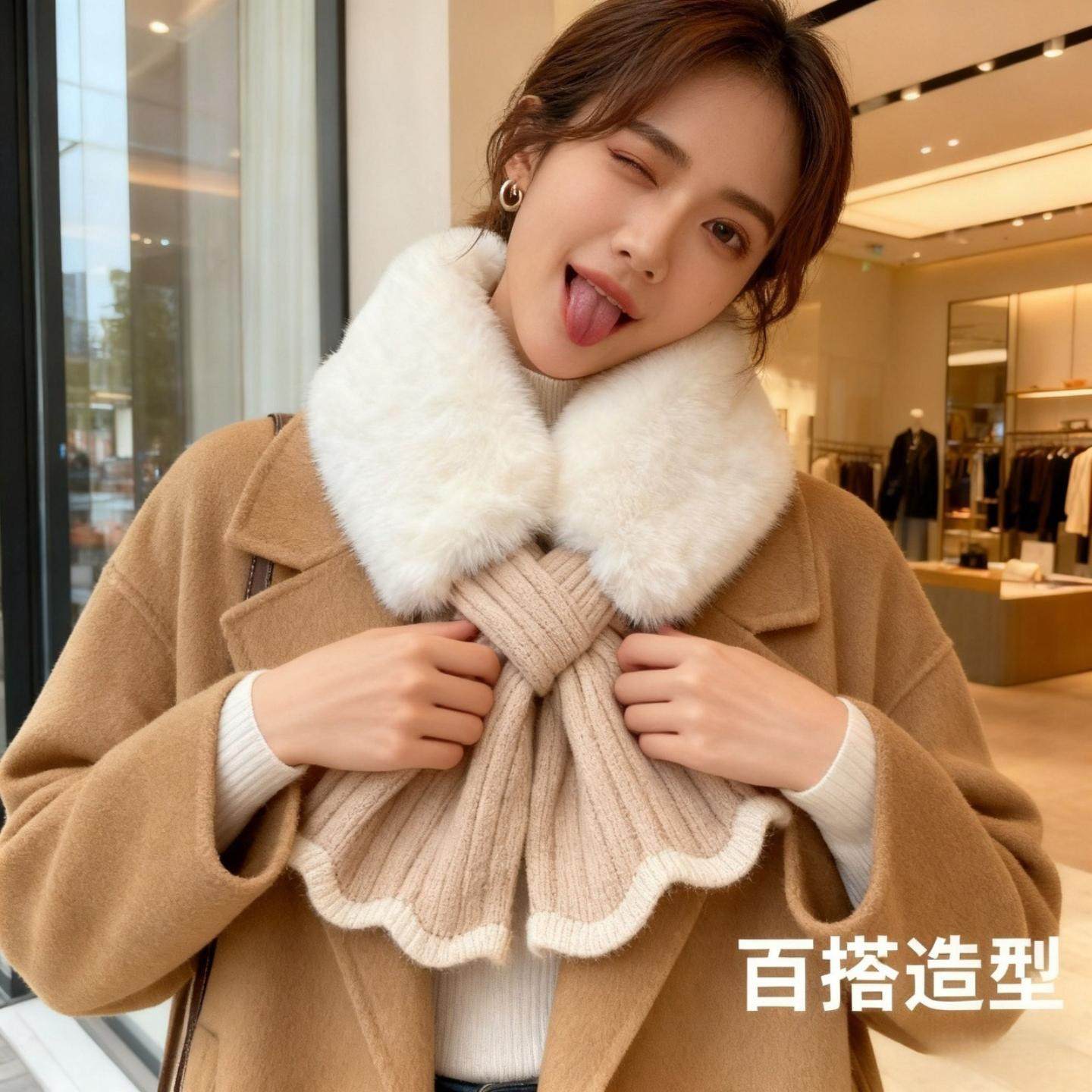 韩版交叉毛围脖女 2025 新款加厚加绒秋冬毛绒针织保暖围巾领韩版,服饰配件/皮带/帽子/围巾,防晒脖套,淘宝优惠券,粉丝福利购,淘宝优惠卷