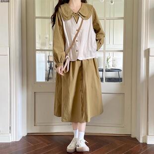 马甲连衣裙两件套装女春秋2025新款日系甜美娃娃领宽松收腰长裙子