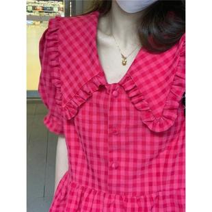 含棉树莓果果显白纯欲初恋风夏娃娃领少女玫红连衣裙娃娃裙长短款