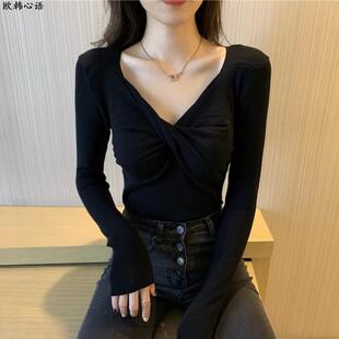 低领毛衣黑色打底衫女内搭秋冬款洋气扭结交叉针织衫紧身法式上衣