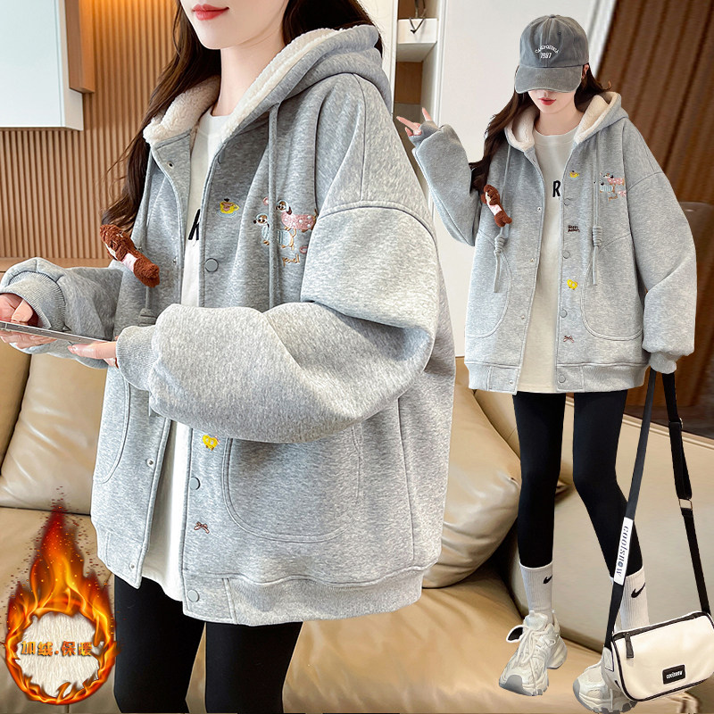 加绒加厚学院风外套2025冬季新款宽松初高中学生连帽卫衣棉服女