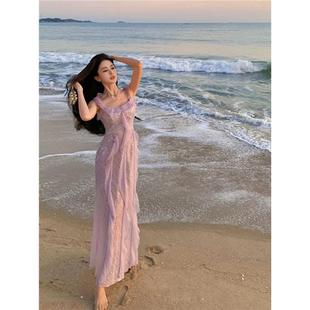 独特绝美海边度假仙女裙气质紫色荷叶边亮片吊带连衣裙鱼尾裙超仙