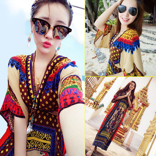 波西米亚印花沙滩长裙海边度假显瘦泰国三亚民族风大码 胖mm连衣裙