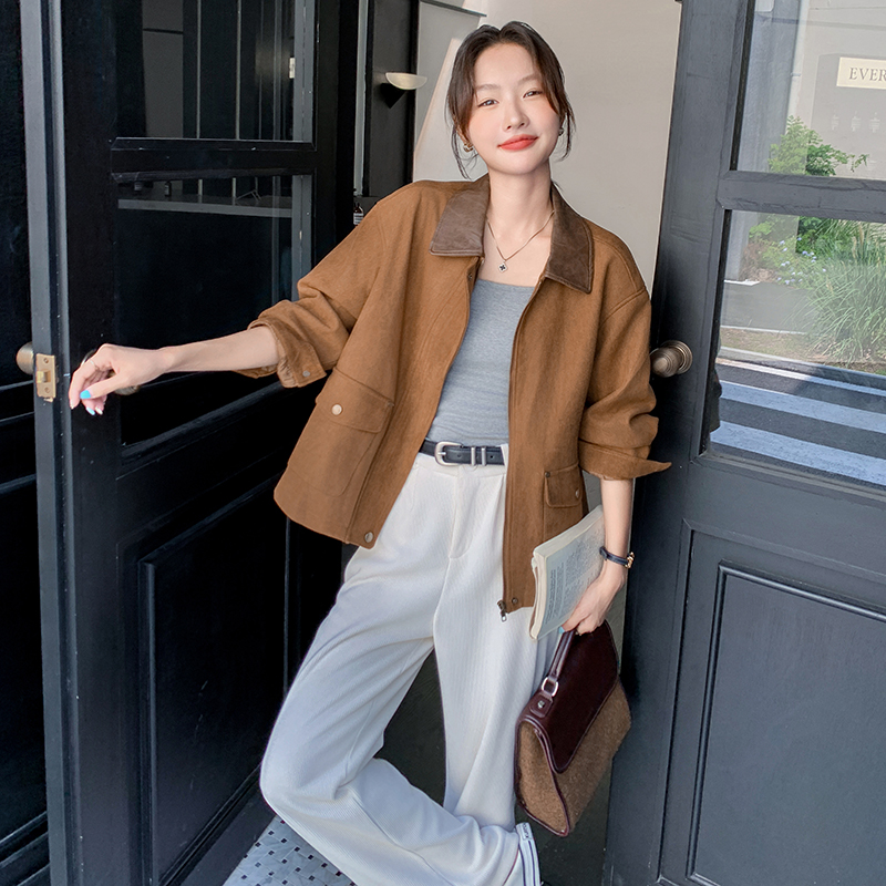 美拉德棕色麂皮绒外套女2025春季新款气质休闲夹克韩系chic短上衣