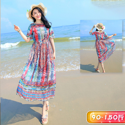 民族风印花仙女气质长裙胖mm三亚海边度假沙滩裙短袖雪纺连衣裙