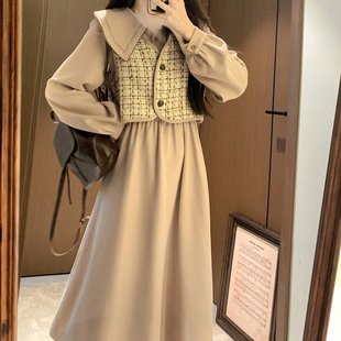 2025春季新款小香风马甲灯芯绒打底长袖连衣裙子两件套装大码胖mm