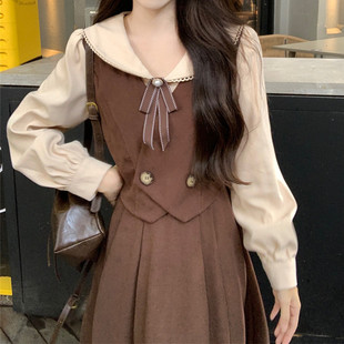 学院风假两件套装裙子微胖mm大码春夏新款赫本风灯芯绒长袖连衣裙