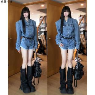 2025超火牛仔连衣短裤时尚连身裤气质时尚休闲一件式连体裤女春季