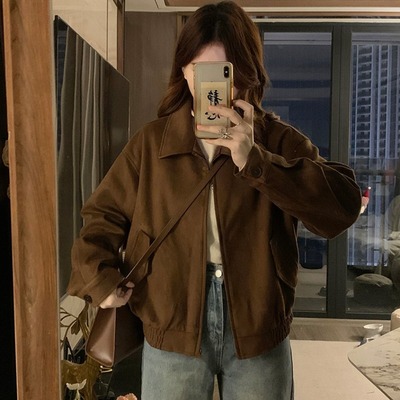 美拉德棕色麂皮绒外套女短款美式复古小个子宽松拉链夹克翻领上衣