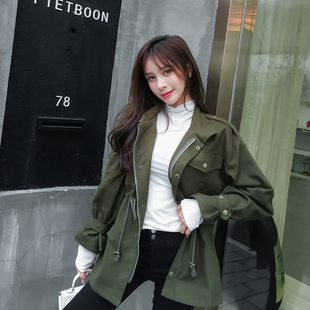 2025秋冬季新款工装外套女宽松军绿色港风百搭加厚收腰风衣女上衣