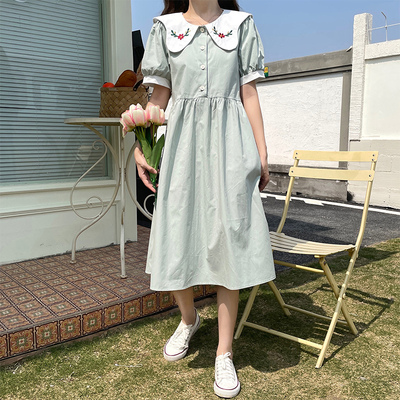 娃娃领刺绣连衣裙少女生夏装2025新款高中学生日系泡泡袖中长裙子