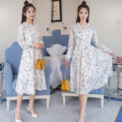 1728实拍2025新款文艺清新印花雪纺裙子木耳边领收腰长袖连衣裙