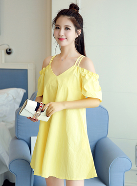 实拍大货2023夏季韩版纯色黄色白色马卡龙色宽松大码漏肩连衣裙