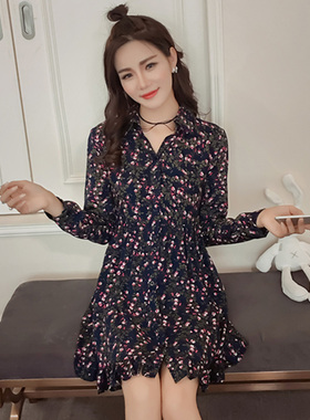 1657实拍秋装新款宽松翻领碎花连衣裙衬衫裙内搭A字打底裙大码女