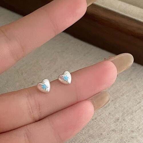 S999足银磨砂爱心星星耳钉百搭