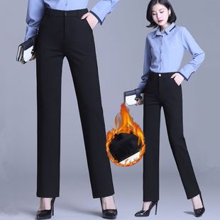 雅思哥诚清仓加绒直筒裤女黑色西裤新款高腰裤子冬休闲烟管西装裤