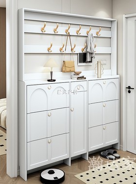 实木翻斗鞋柜家用门口大容量超薄带衣架简约现代白色多功能门厅柜