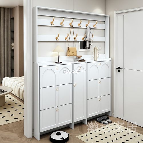 实木多功能翻斗鞋柜带衣架奶油风